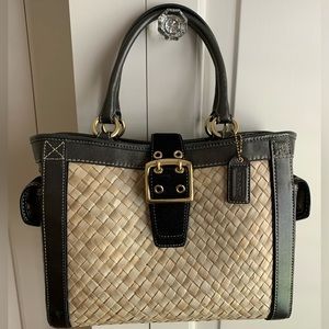 Coach straw and black leather/suede tote